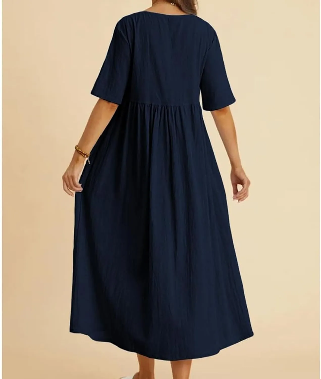 Women's Maxi Dresses Short Sleeve Long Casual Summer Cotton Linen Crewneck Loose Plus Size Basic Beach Midi Dresses