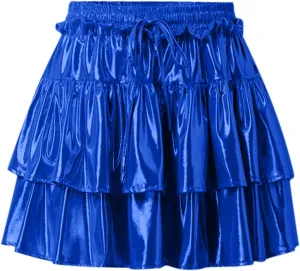 Womens Metallic Skirt Shiny Flared Pleated Skirt Layered Ruffle Hem Mini Skirt Halloween Christmas Rave Midi Skirt