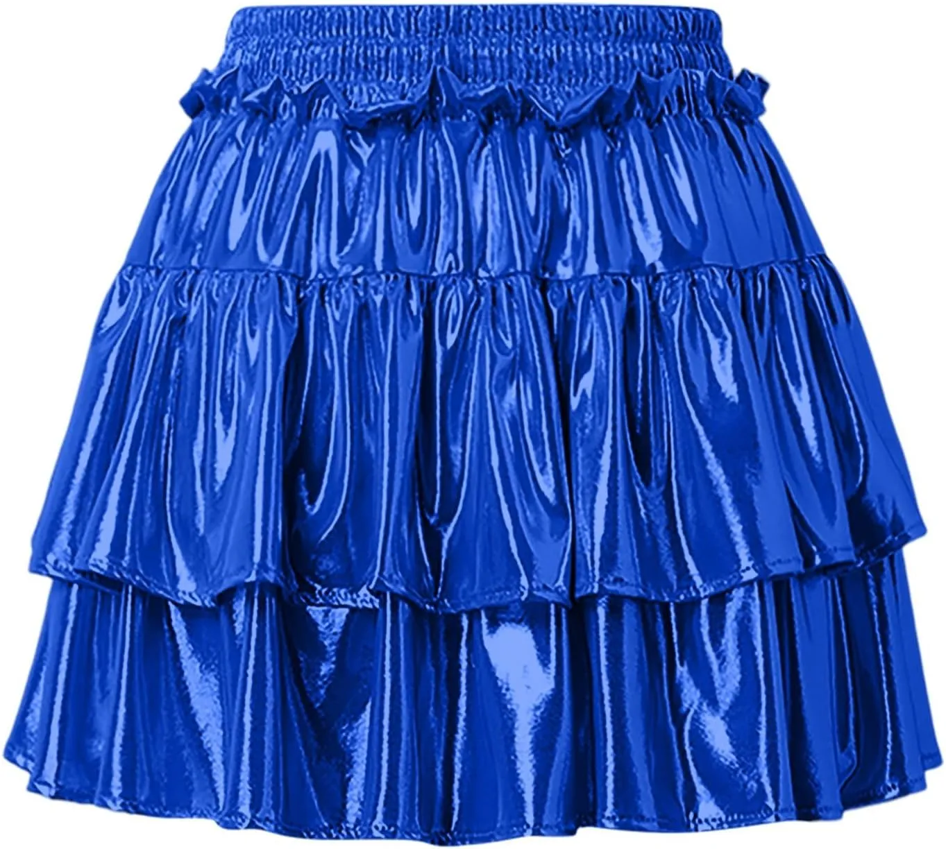 Womens Metallic Skirt Shiny Flared Pleated Skirt Layered Ruffle Hem Mini Skirt Halloween Christmas Rave Midi Skirt