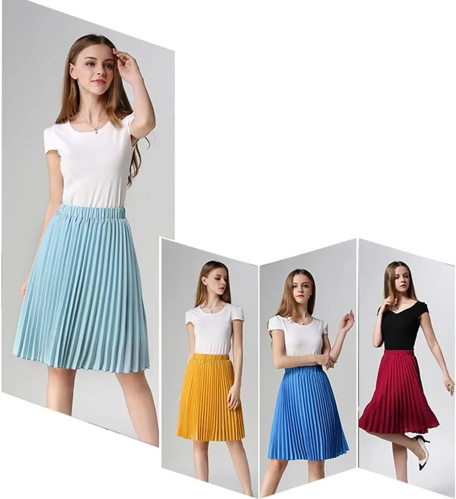 Women's Midi Skirt Elastic High Waist Pleated Skirt Knee Length Swing A-Line Casual Flowy Skirts