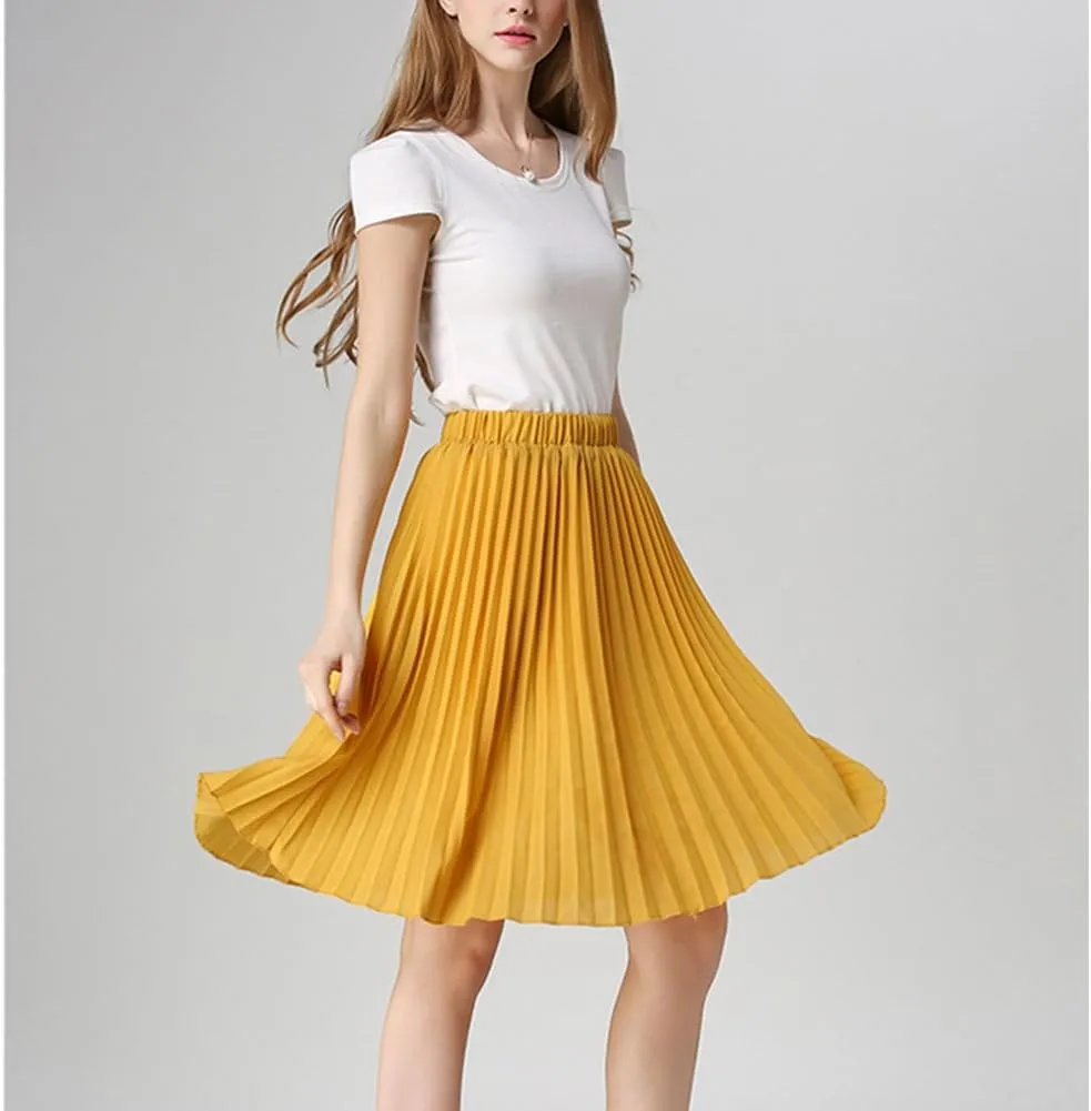 Women's Midi Skirt Elastic High Waist Pleated Skirt Knee Length Swing A-Line Casual Flowy Skirts