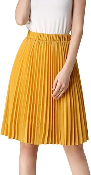 Women's Midi Skirt Elastic High Waist Pleated Skirt Knee Length Swing A-Line Casual Flowy Skirts