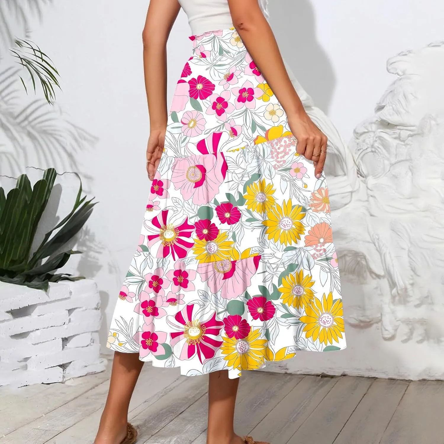 Women's Midi Skirts High Waist A-Line Tiered Flowy Swing Skirt Boho Floral Printed Cocktail Party Flared Skirts