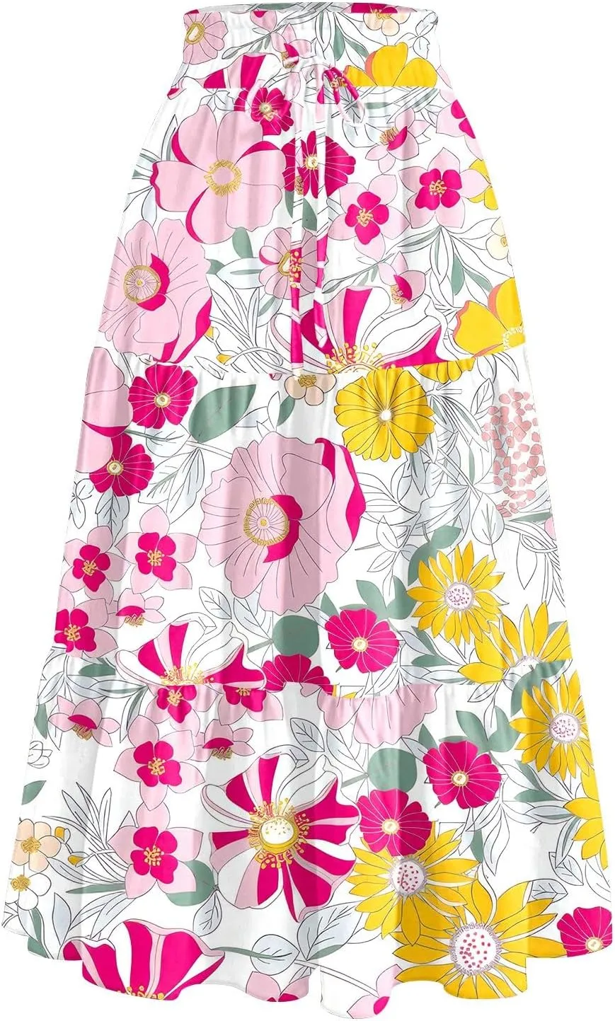 Women's Midi Skirts High Waist A-Line Tiered Flowy Swing Skirt Boho Floral Printed Cocktail Party Flared Skirts