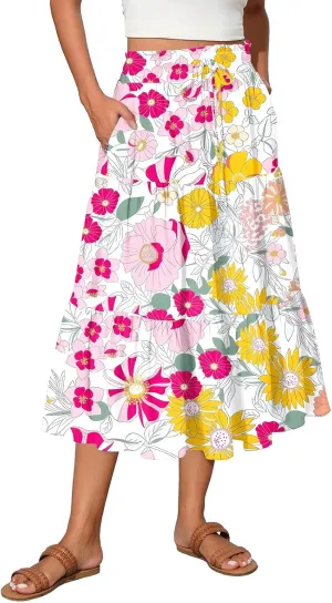 Women's Midi Skirts High Waist A-Line Tiered Flowy Swing Skirt Boho Floral Printed Cocktail Party Flared Skirts