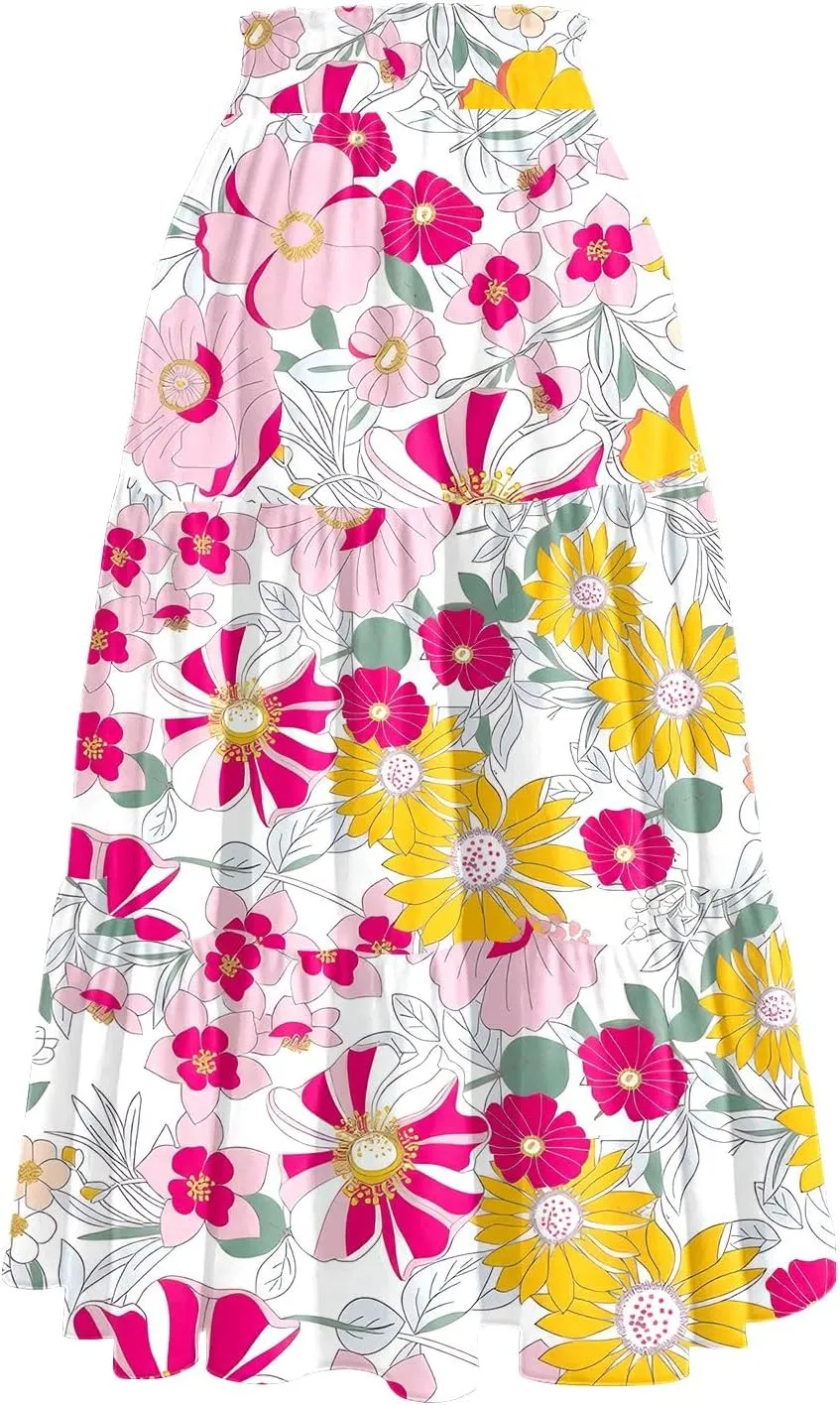 Women's Midi Skirts High Waist A-Line Tiered Flowy Swing Skirt Boho Floral Printed Cocktail Party Flared Skirts