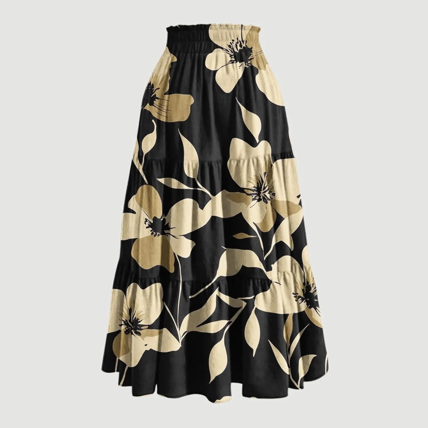 Womens Midi Skirts Trendy Loose Stretch Floral Print Boho Skirts Elastic High Waist A-Line Pleated Flowy Maxi Skirt