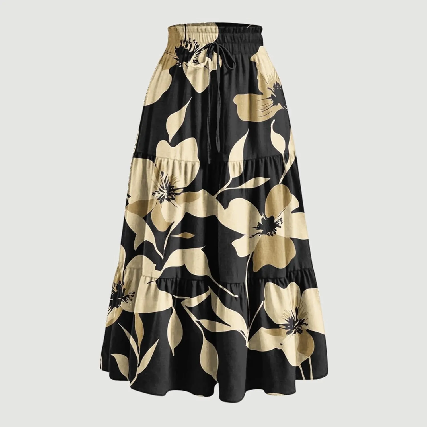 Womens Midi Skirts Trendy Loose Stretch Floral Print Boho Skirts Elastic High Waist A-Line Pleated Flowy Maxi Skirt