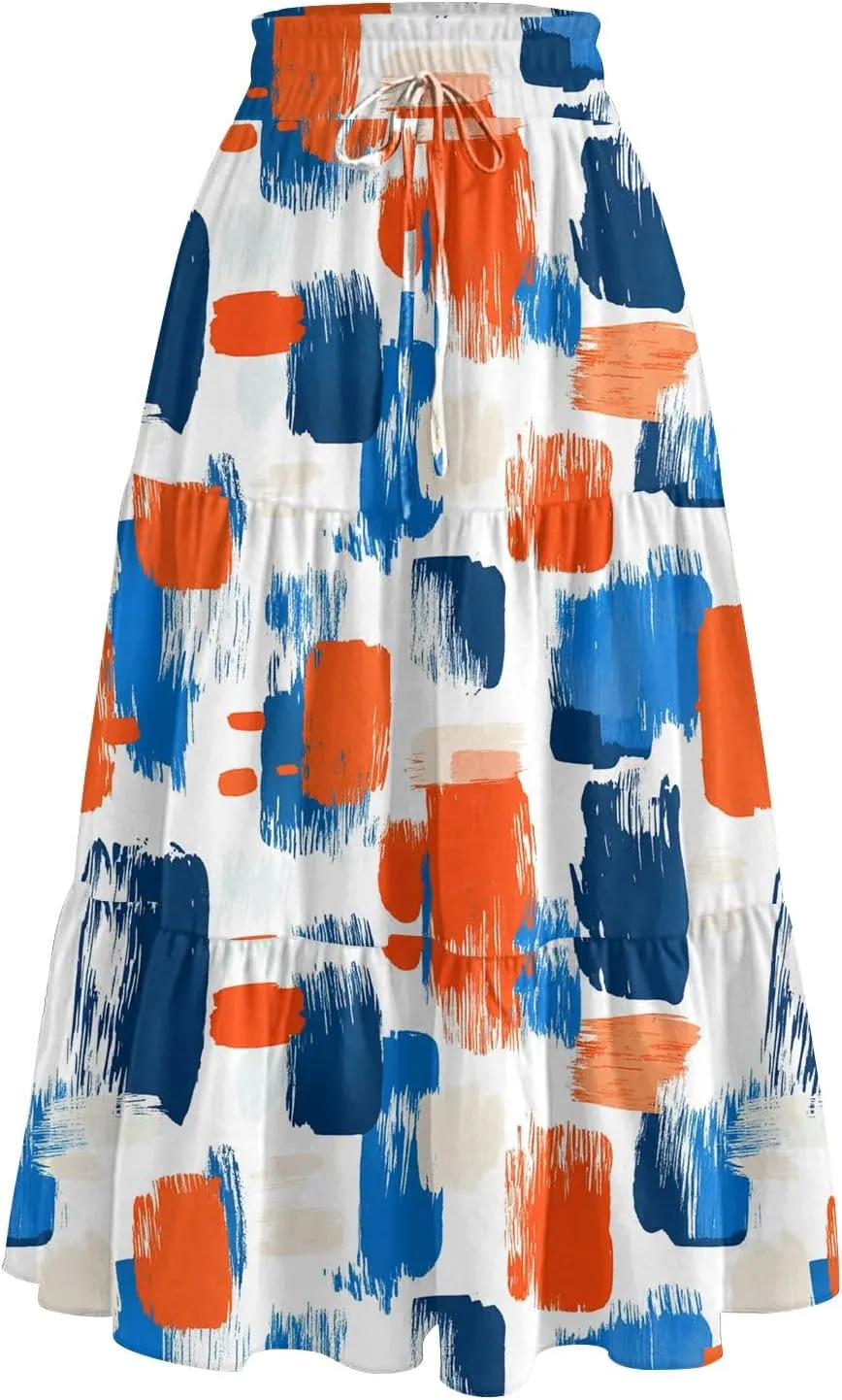 Womens Midi Skirts with Pockets 2025 Summer Long High Elastic Waist Beach Boho Flowy Ruffle A-Line Retro Floral Maxi Skirt