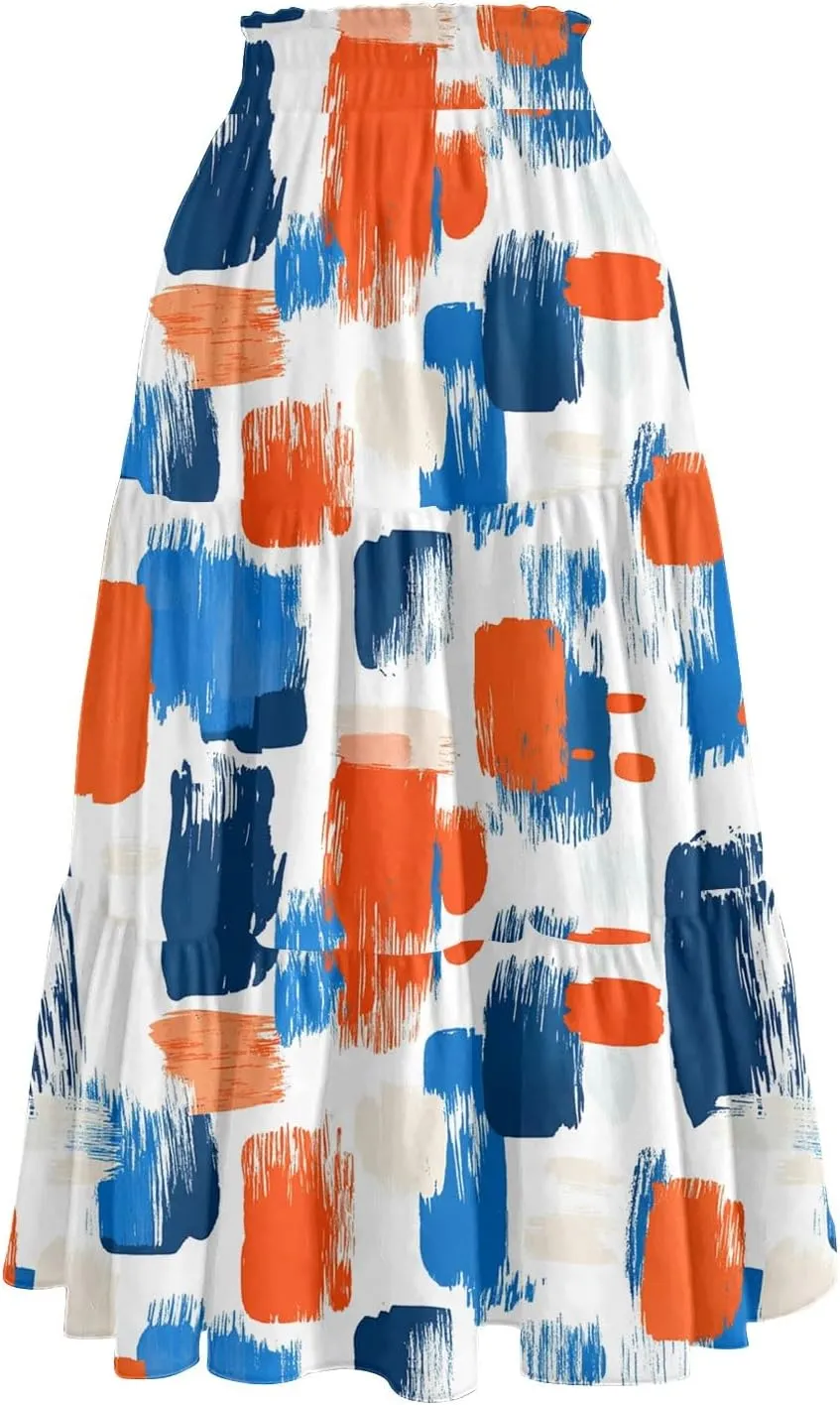 Womens Midi Skirts with Pockets 2025 Summer Long High Elastic Waist Beach Boho Flowy Ruffle A-Line Retro Floral Maxi Skirt