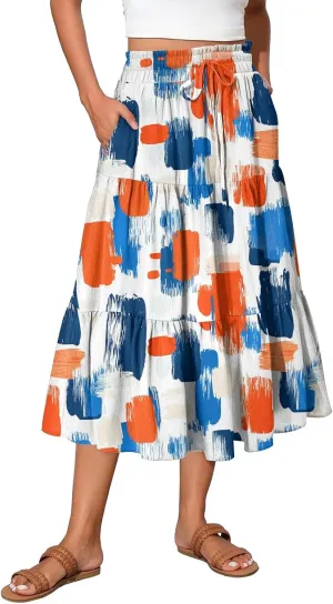 Womens Midi Skirts with Pockets 2025 Summer Long High Elastic Waist Beach Boho Flowy Ruffle A-Line Retro Floral Maxi Skirt