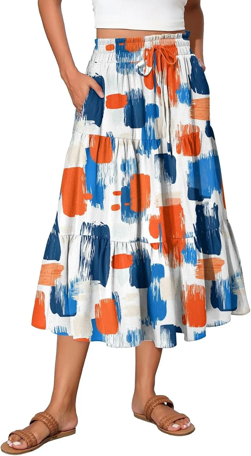 Womens Midi Skirts with Pockets 2025 Summer Long High Elastic Waist Beach Boho Flowy Ruffle A-Line Retro Floral Maxi Skirt