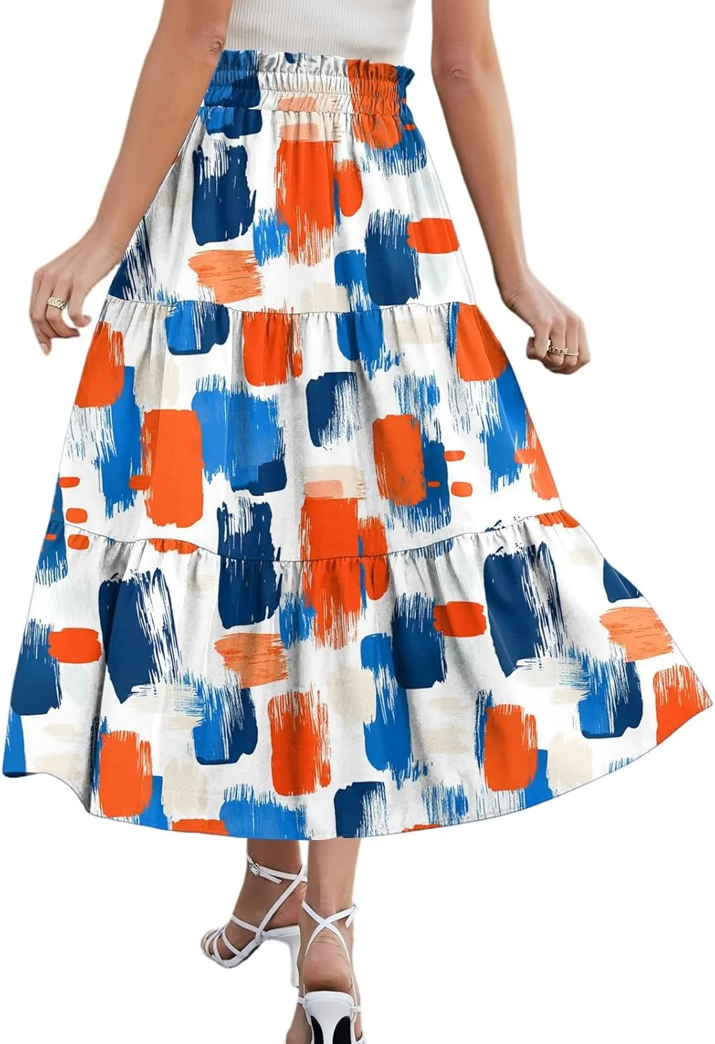 Womens Midi Skirts with Pockets 2025 Summer Long High Elastic Waist Beach Boho Flowy Ruffle A-Line Retro Floral Maxi Skirt
