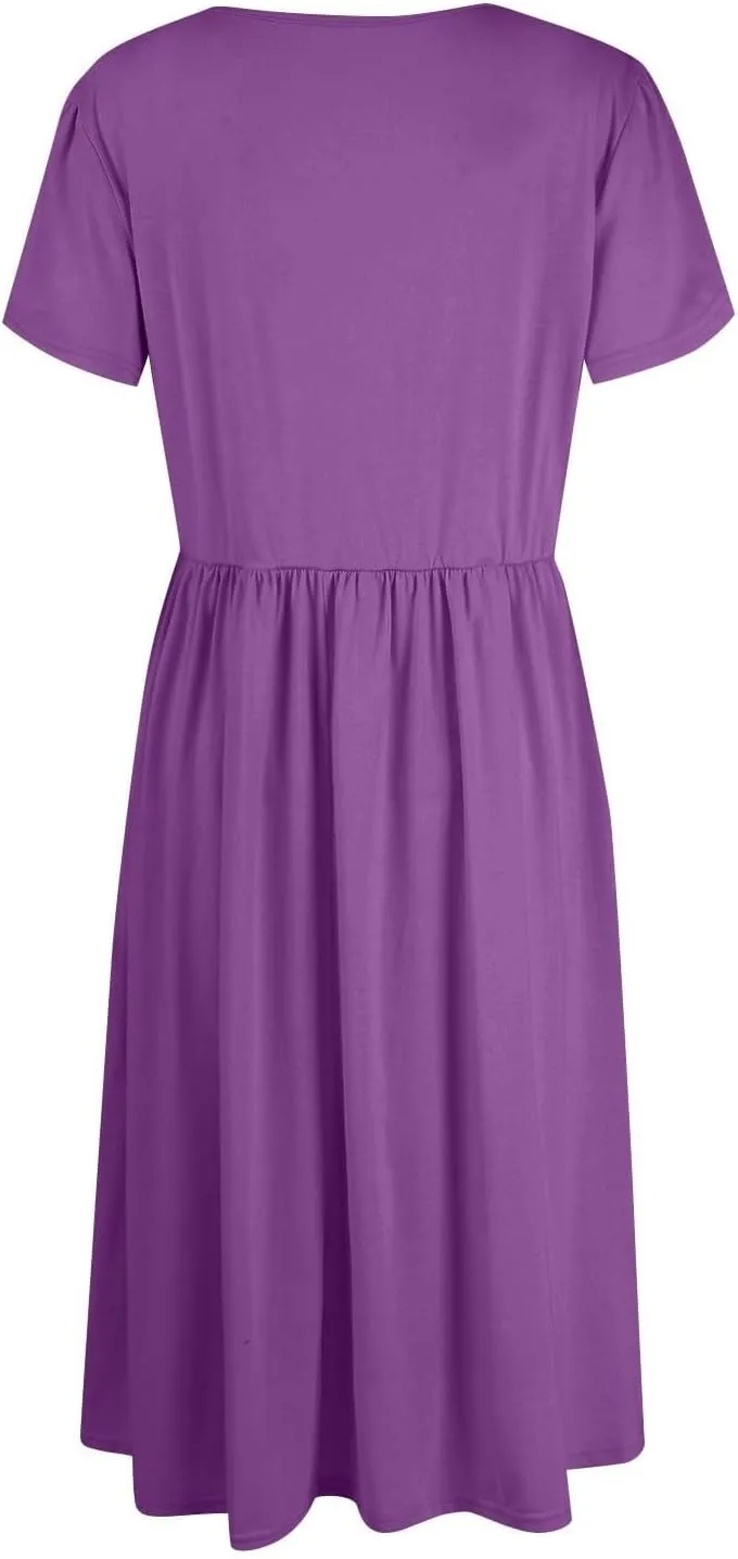 Womens Mini Dress Crewneck Short Sleeve T-Shirt Dresses Summer Casual Tunic Pleated Aline Swing Dress with Pockets