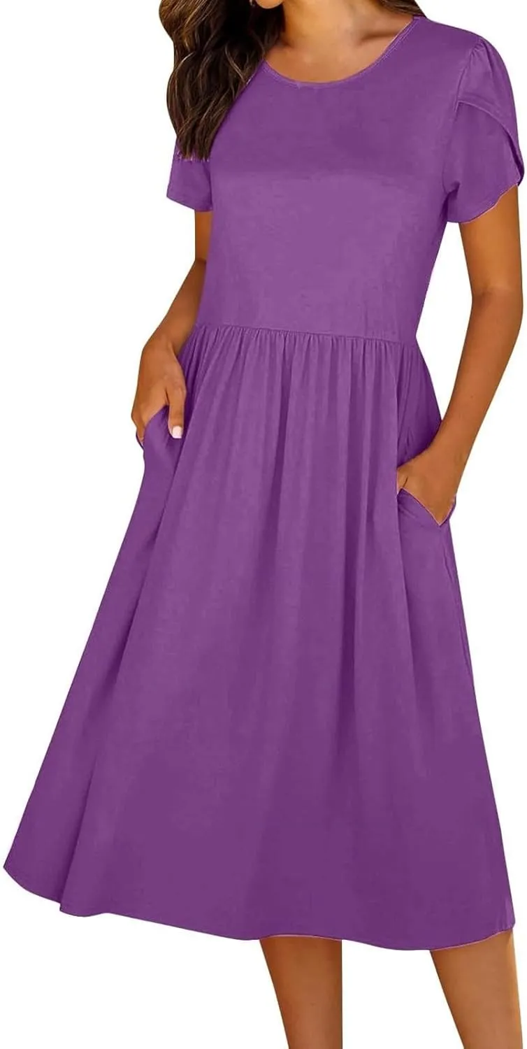 Womens Mini Dress Crewneck Short Sleeve T-Shirt Dresses Summer Casual Tunic Pleated Aline Swing Dress with Pockets