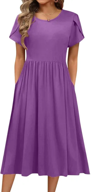 Womens Mini Dress Crewneck Short Sleeve T-Shirt Dresses Summer Casual Tunic Pleated Aline Swing Dress with Pockets