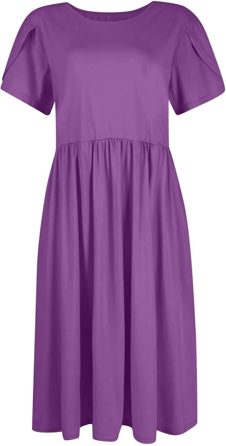 Womens Mini Dress Crewneck Short Sleeve T-Shirt Dresses Summer Casual Tunic Pleated Aline Swing Dress with Pockets