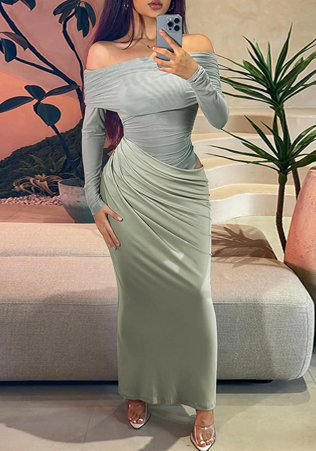 Women's Off Shoulder Maxi Dress Bodycon Strapless Mesh Dress Long Sleeve Ruched Club Dresses Party
