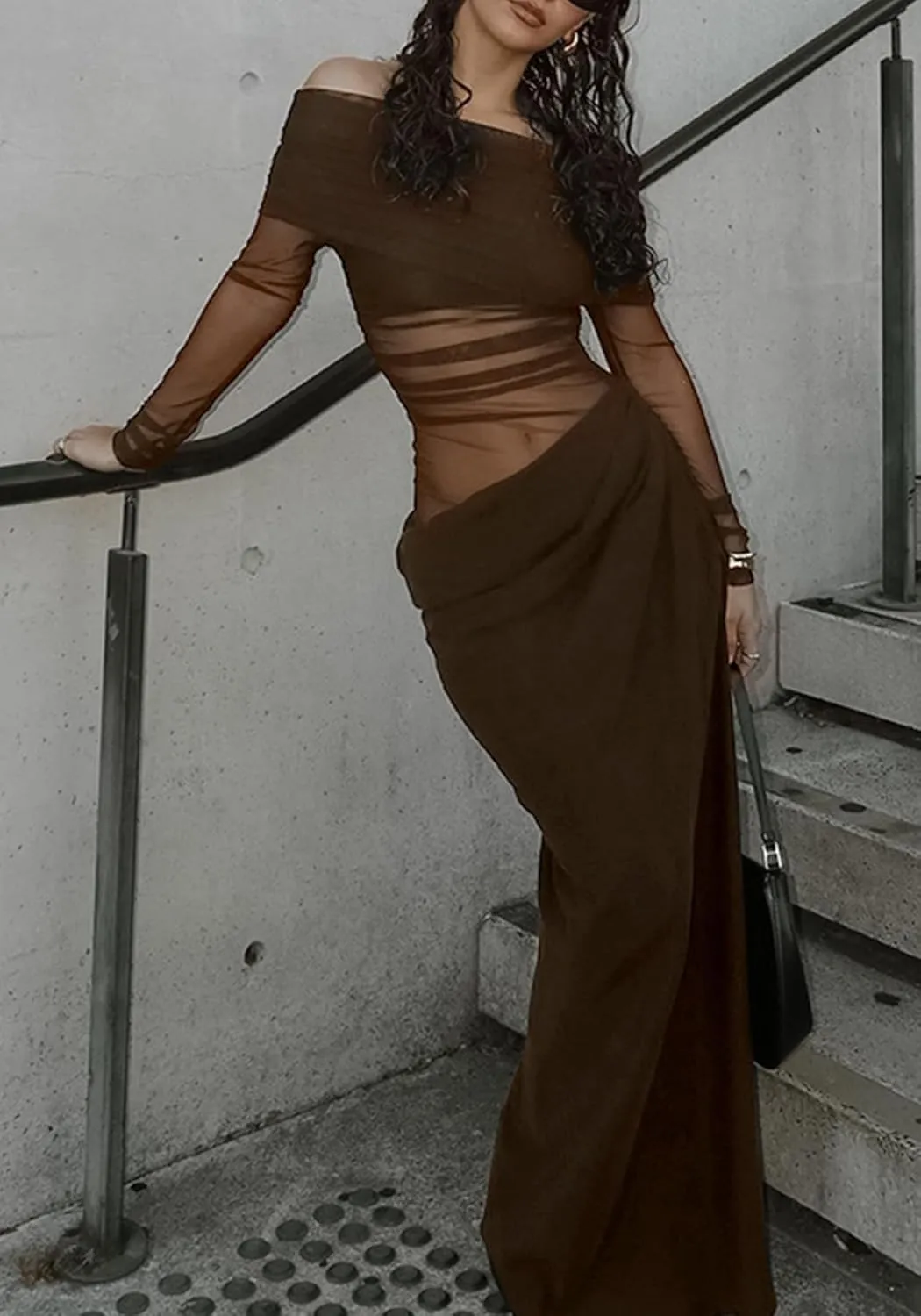 Women's Off Shoulder Maxi Dress Bodycon Strapless Mesh Dress Long Sleeve Ruched Club Dresses Party