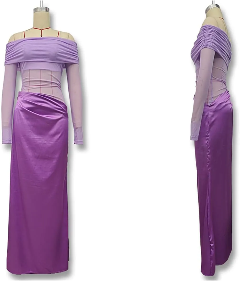 Women's Off Shoulder Maxi Dress Bodycon Strapless Mesh Dress Long Sleeve Ruched Club Dresses Party