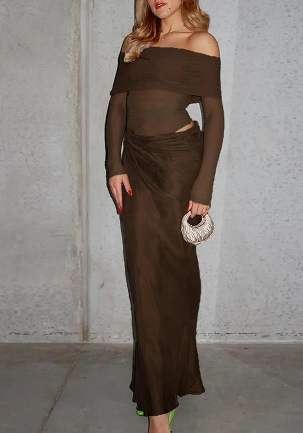 Women's Off Shoulder Maxi Dress Bodycon Strapless Mesh Dress Long Sleeve Ruched Club Dresses Party