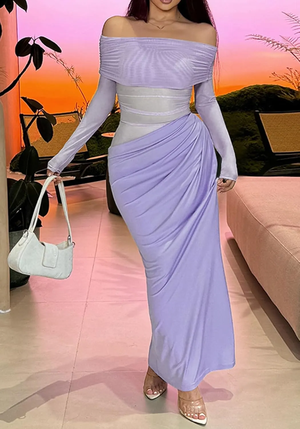 Women's Off Shoulder Maxi Dress Bodycon Strapless Mesh Dress Long Sleeve Ruched Club Dresses Party
