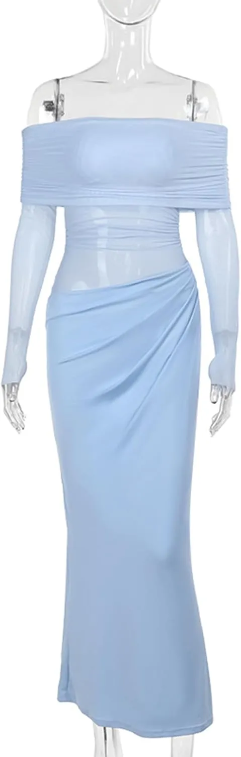 Women's Off Shoulder Maxi Dress Bodycon Strapless Mesh Dress Long Sleeve Ruched Club Dresses Party