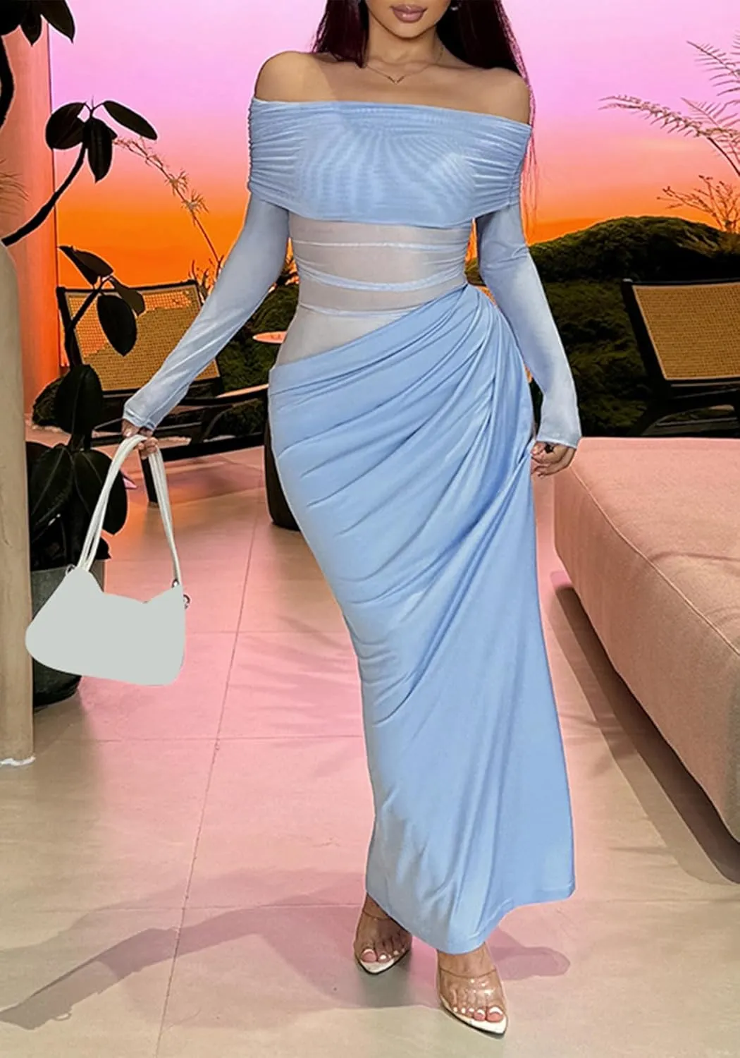 Women's Off Shoulder Maxi Dress Bodycon Strapless Mesh Dress Long Sleeve Ruched Club Dresses Party