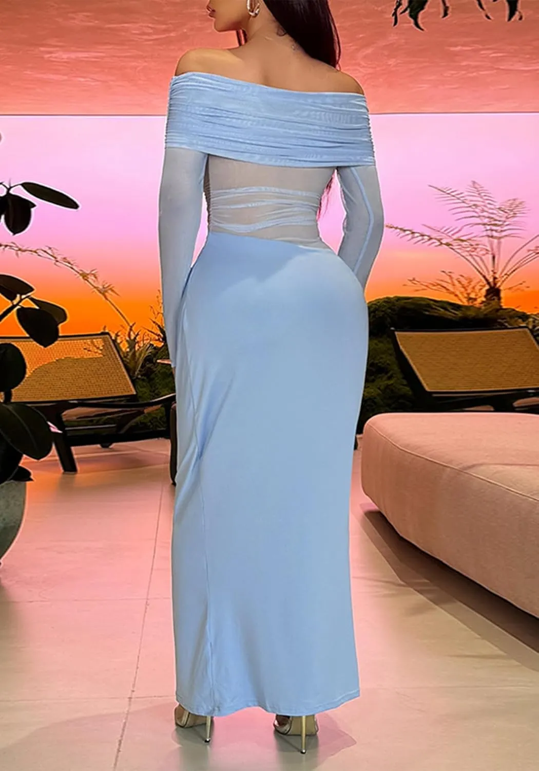 Women's Off Shoulder Maxi Dress Bodycon Strapless Mesh Dress Long Sleeve Ruched Club Dresses Party