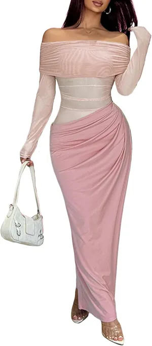 Women's Off Shoulder Maxi Dress Bodycon Strapless Mesh Dress Long Sleeve Ruched Club Dresses Party