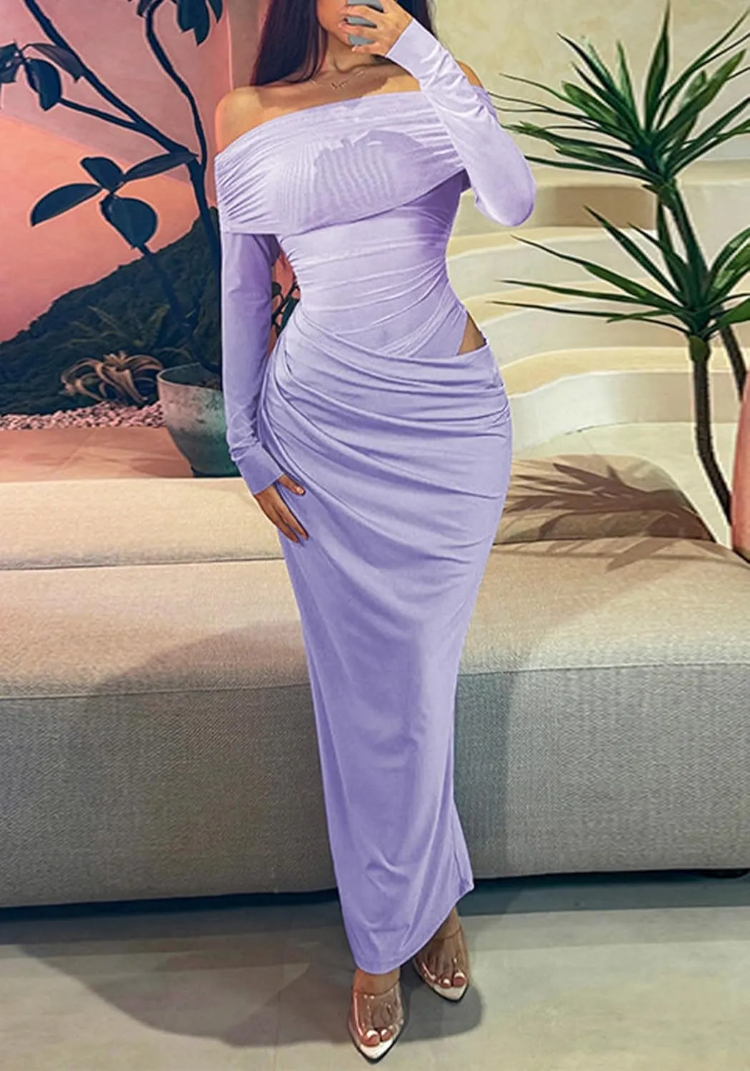 Women's Off Shoulder Maxi Dress Bodycon Strapless Mesh Dress Long Sleeve Ruched Club Dresses Party