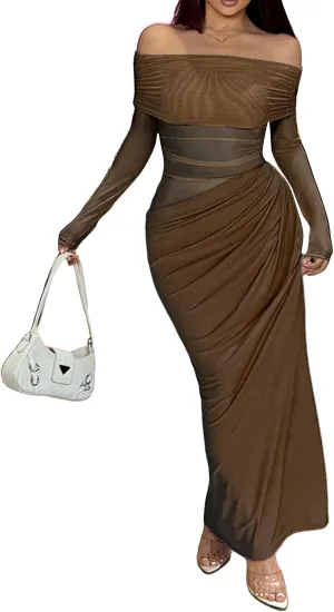 Women's Off Shoulder Maxi Dress Bodycon Strapless Mesh Dress Long Sleeve Ruched Club Dresses Party
