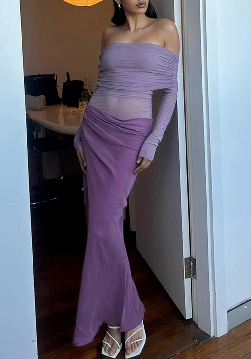 Women's Off Shoulder Maxi Dress Bodycon Strapless Mesh Dress Long Sleeve Ruched Club Dresses Party