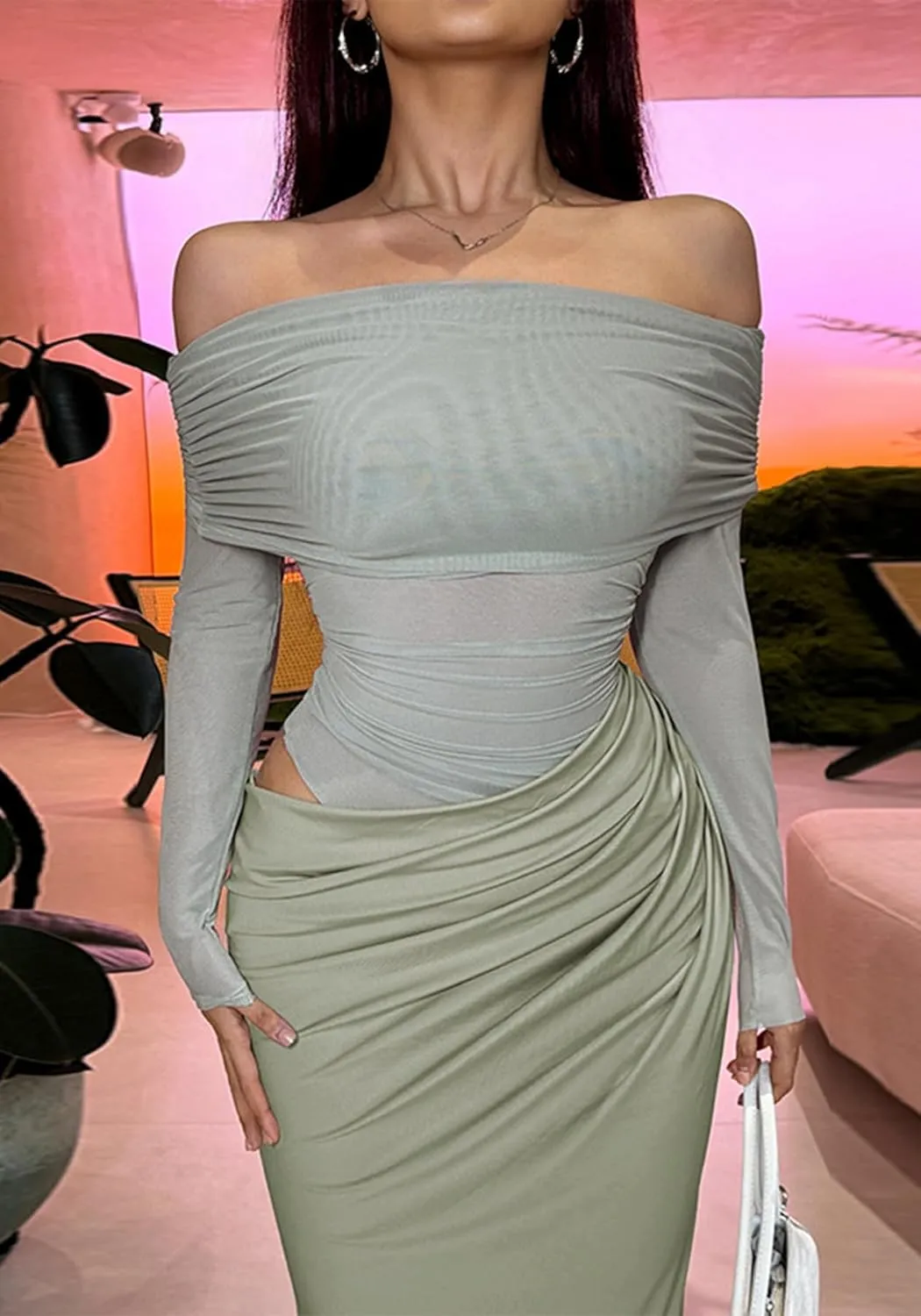 Women's Off Shoulder Maxi Dress Bodycon Strapless Mesh Dress Long Sleeve Ruched Club Dresses Party