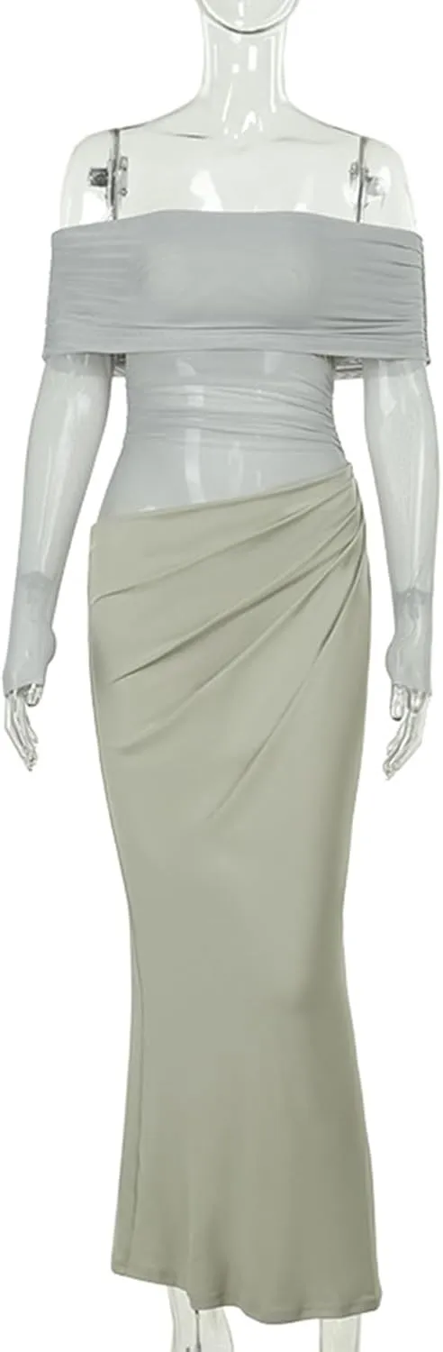 Women's Off Shoulder Maxi Dress Bodycon Strapless Mesh Dress Long Sleeve Ruched Club Dresses Party