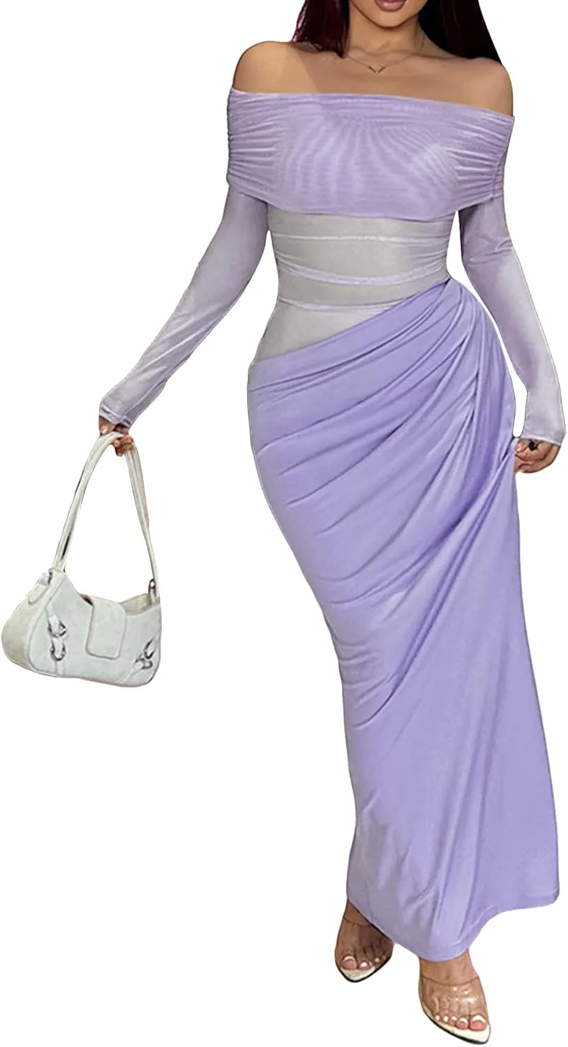Women's Off Shoulder Maxi Dress Bodycon Strapless Mesh Dress Long Sleeve Ruched Club Dresses Party