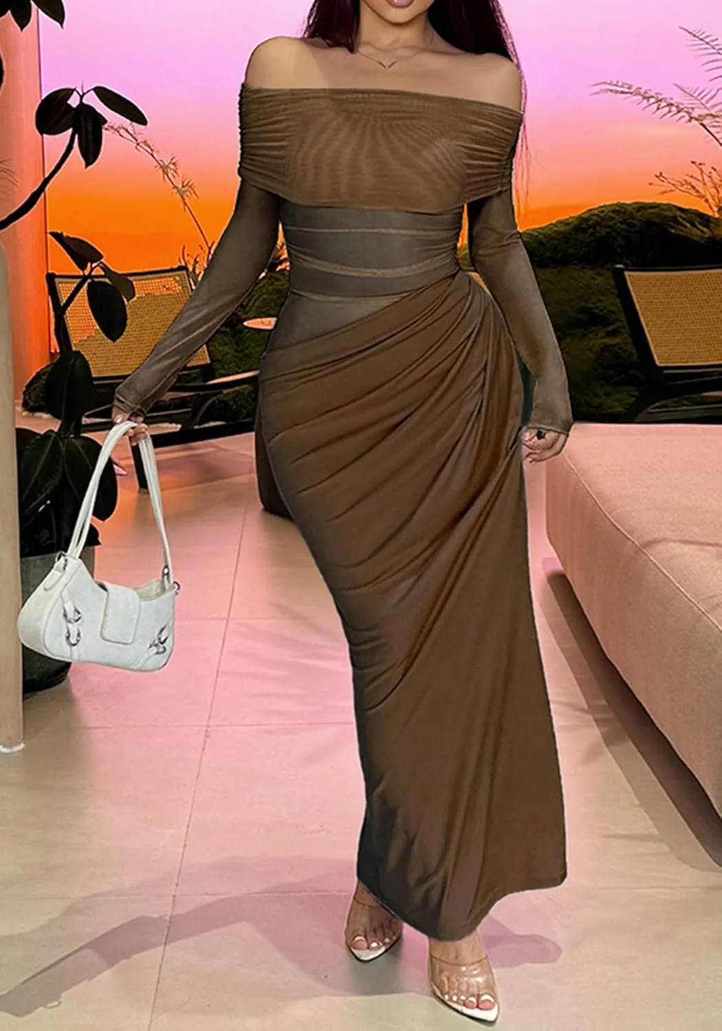 Women's Off Shoulder Maxi Dress Bodycon Strapless Mesh Dress Long Sleeve Ruched Club Dresses Party