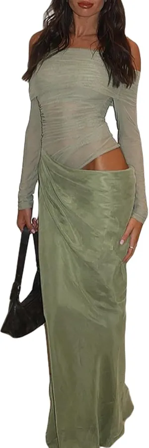 Women's Off Shoulder Maxi Dress Bodycon Strapless Mesh Dress Long Sleeve Ruched Club Dresses Party