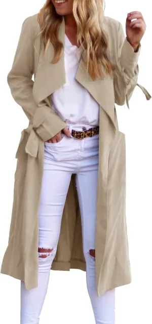 Women's Open Front Long Trench Coats Long Sleeve Slim Casual Pockted Windproof Overcoat with Belt Women Zip Down