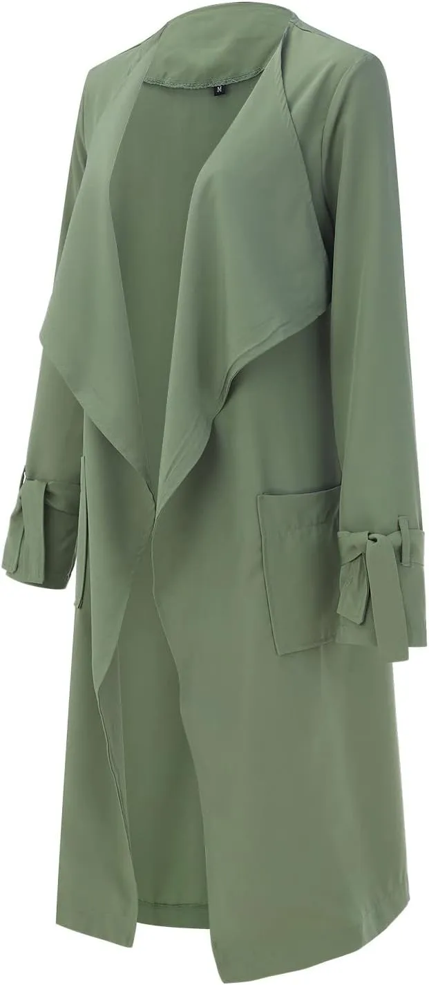 Women's Open Front Long Trench Coats Long Sleeve Slim Casual Pockted Windproof Overcoat with Belt Women Zip Down