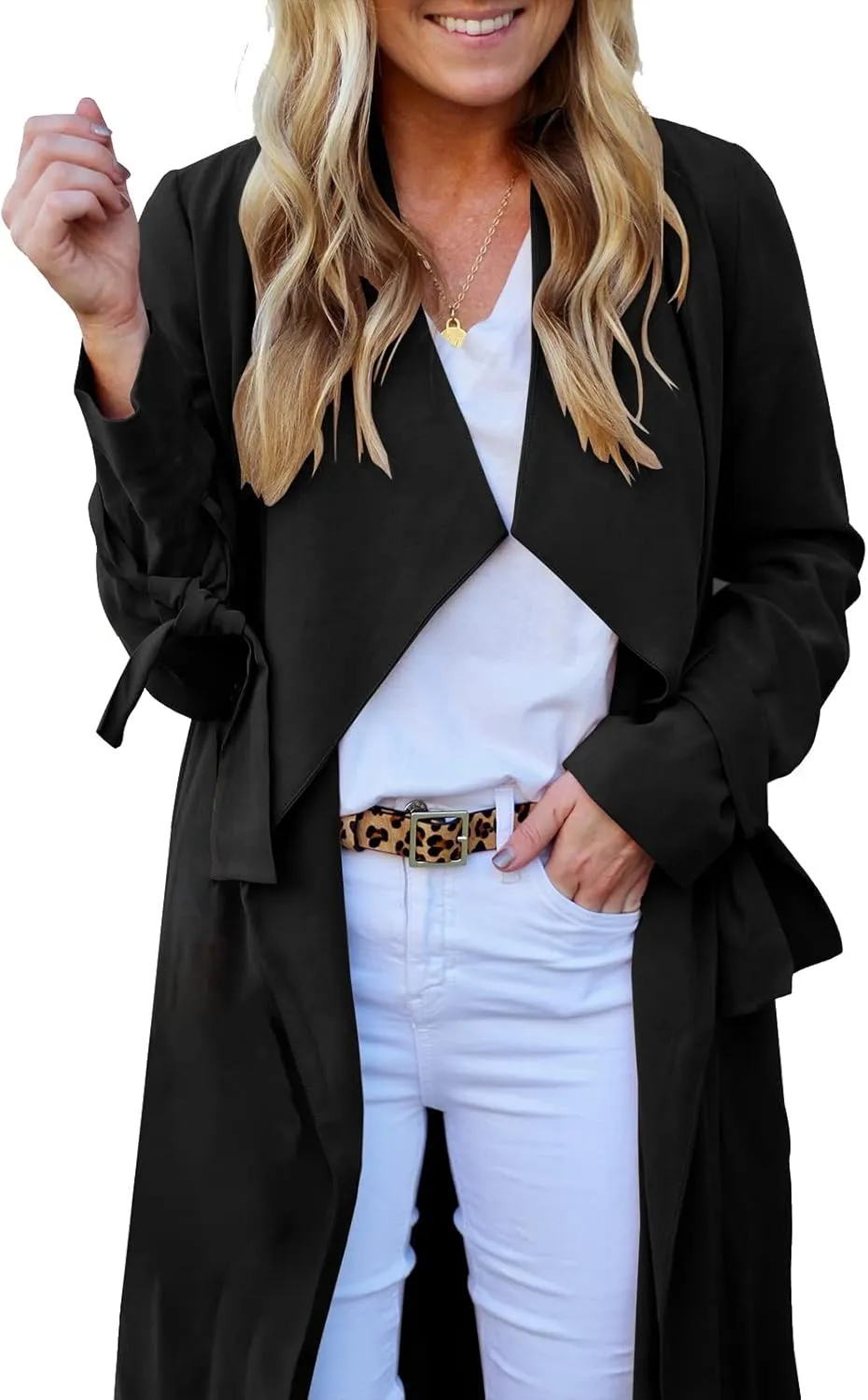 Women's Open Front Long Trench Coats Long Sleeve Slim Casual Pockted Windproof Overcoat with Belt Women Zip Down