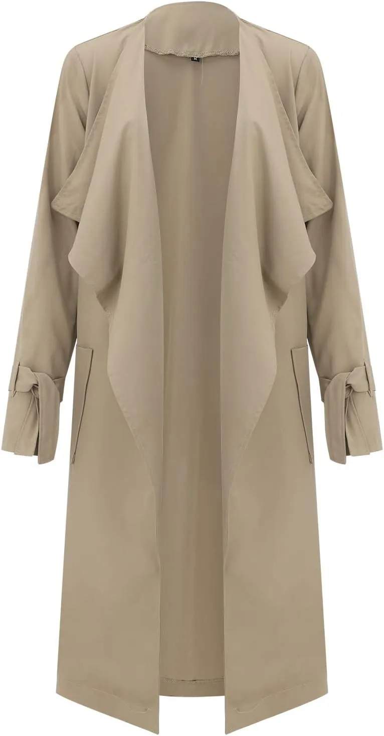 Women's Open Front Long Trench Coats Long Sleeve Slim Casual Pockted Windproof Overcoat with Belt Women Zip Down