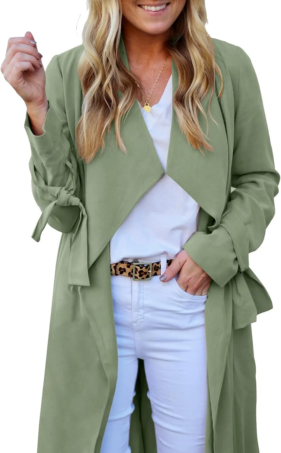 Women's Open Front Long Trench Coats Long Sleeve Slim Casual Pockted Windproof Overcoat with Belt Women Zip Down