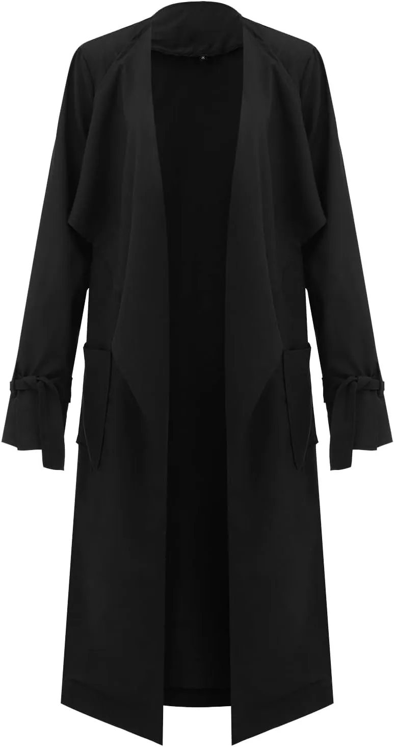 Women's Open Front Long Trench Coats Long Sleeve Slim Casual Pockted Windproof Overcoat with Belt Women Zip Down