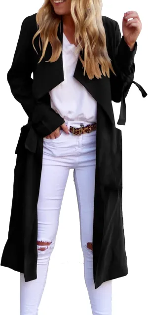 Women's Open Front Long Trench Coats Long Sleeve Slim Casual Pockted Windproof Overcoat with Belt Women Zip Down