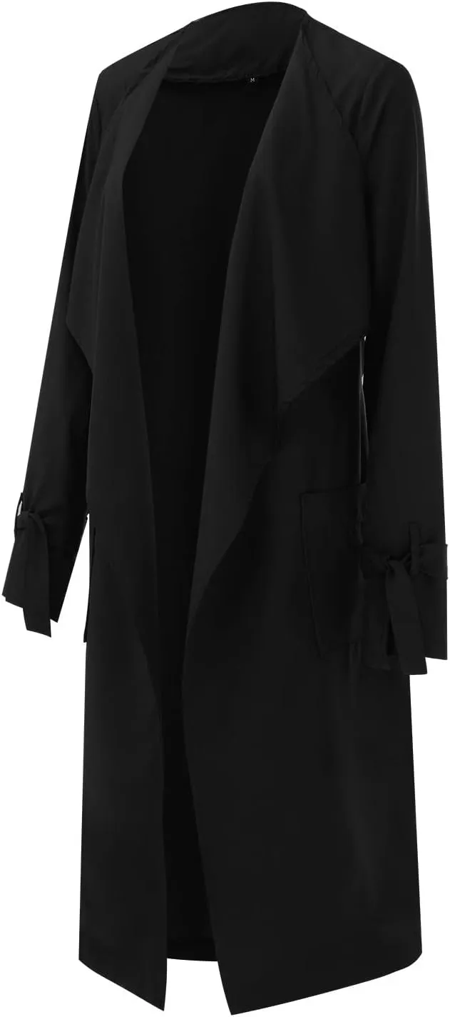 Women's Open Front Long Trench Coats Long Sleeve Slim Casual Pockted Windproof Overcoat with Belt Women Zip Down
