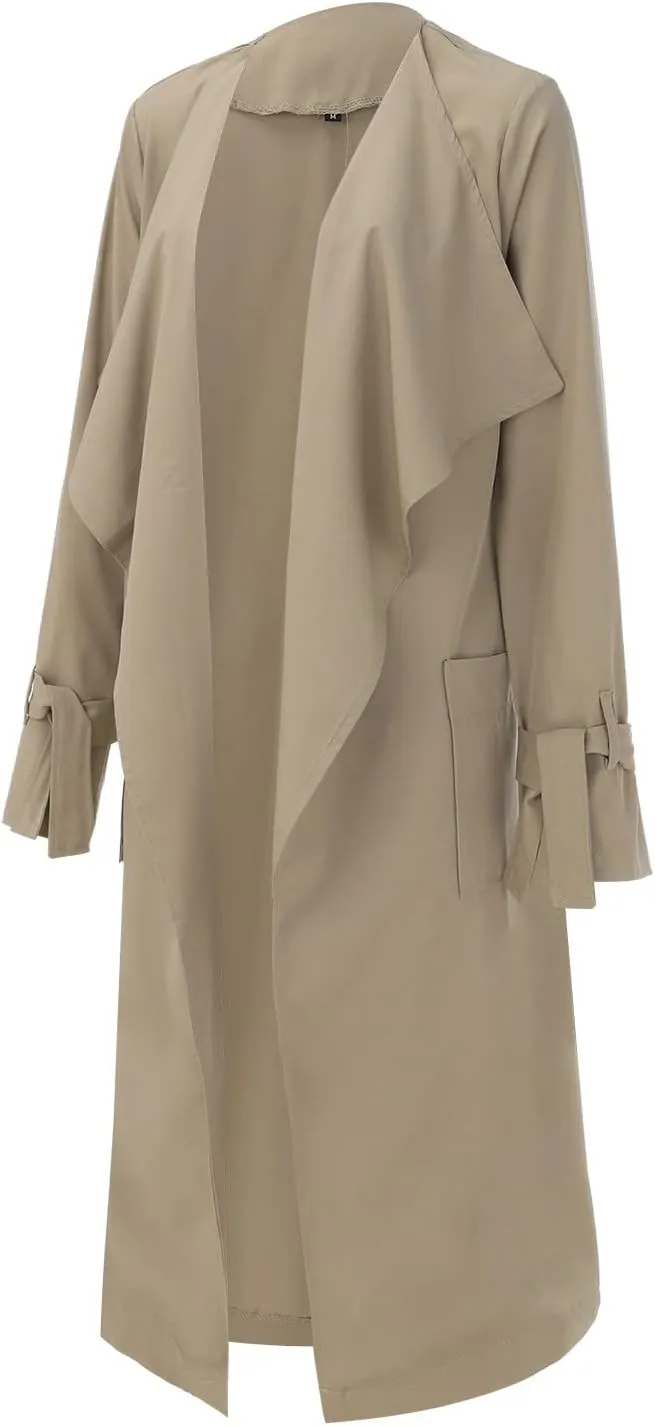 Women's Open Front Long Trench Coats Long Sleeve Slim Casual Pockted Windproof Overcoat with Belt Women Zip Down