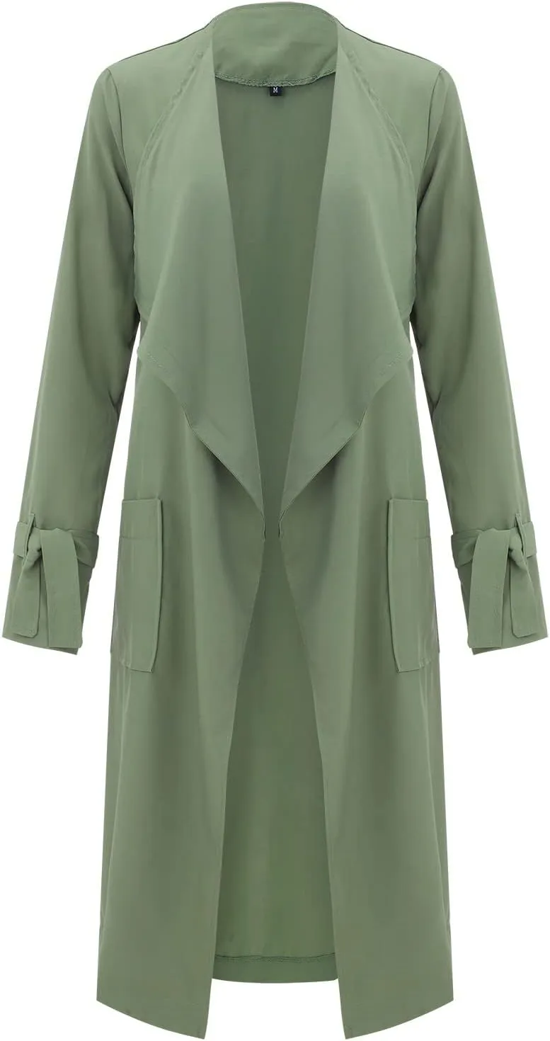 Women's Open Front Long Trench Coats Long Sleeve Slim Casual Pockted Windproof Overcoat with Belt Women Zip Down
