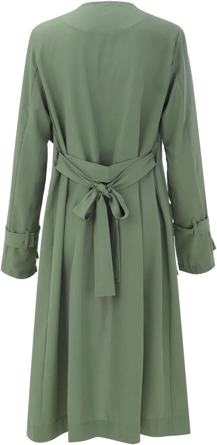 Women's Open Front Long Trench Coats Long Sleeve Slim Casual Pockted Windproof Overcoat with Belt Women Zip Down