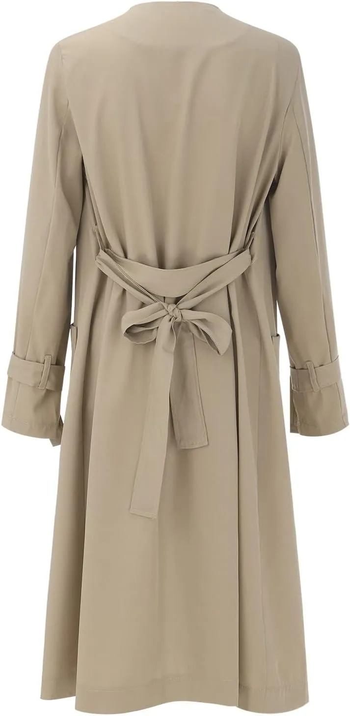 Women's Open Front Long Trench Coats Long Sleeve Slim Casual Pockted Windproof Overcoat with Belt Women Zip Down